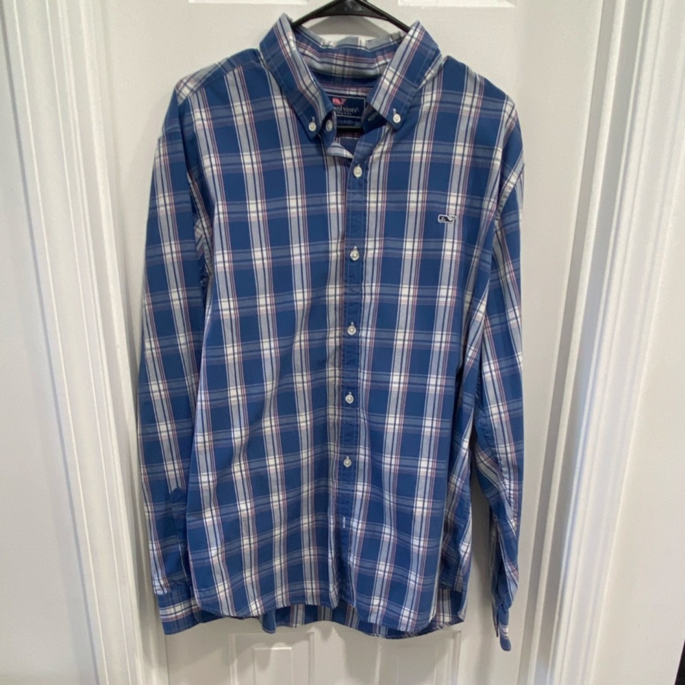Vineyard Vines Men Button-Up Shirt Slim Fit Whale Blue Plaid Preppy Smart  XL